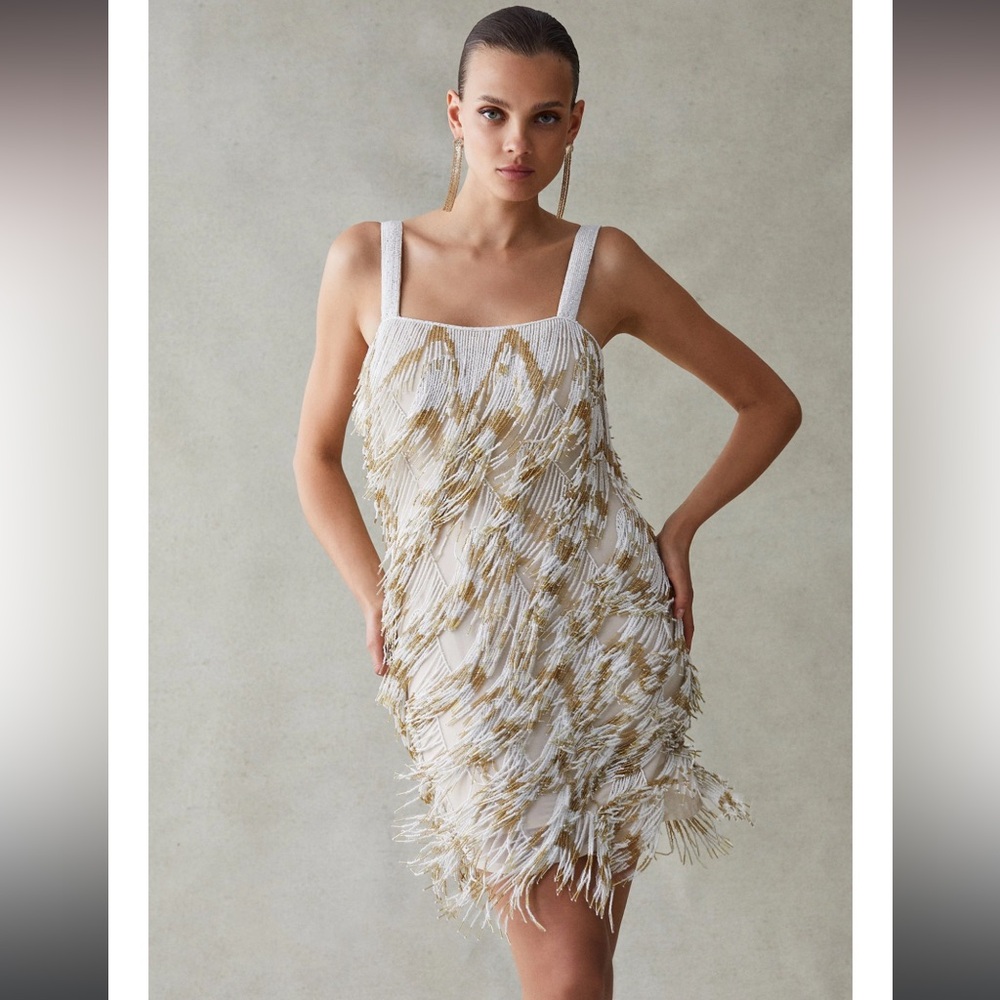 Karen Millen Square Neck Embellished Fringed Mini Dress